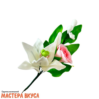 Сахарное украшение ветка ЛИЛИЯ БЕЛАЯ С РОЗОВОЙ РОЗОЙ, длина ~10см