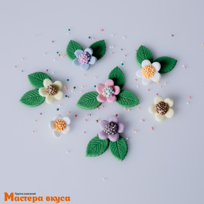 Сахарная фигурка (набор) ЦВЕТЫ НЕЗАБУДКИ с листочками, мини №1, d~2см, набор 10-11 шт