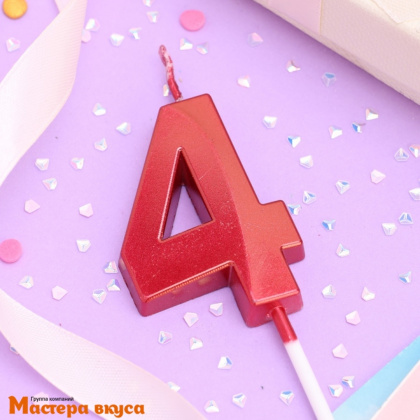 Свеча-цифра "Грань", красный металлик, на шпажке - 4  (h-6 см)