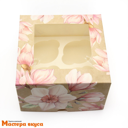 Коробка для  4 капкейков с окном, 160*160*100 мм (Нарциссы)
