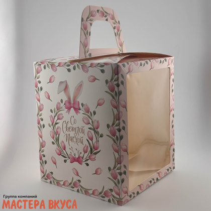 Коробка под кулич и пряничный домик с окном и ручкой, 15*15*18 см, "Тюльпаны"