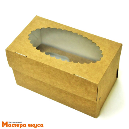 Коробка для  2 капкейков с окном, 170*100*100 мм (крафт), АП