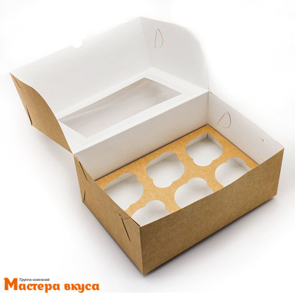 Коробка для  6 капкейков с окном, 250*170*100 мм, (крафт)