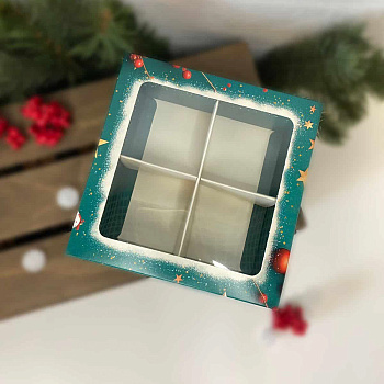 Упаковка для конфет  4 шт с окном (крышка/дно) 126*126*35мм  (Бирюзовый новый год)