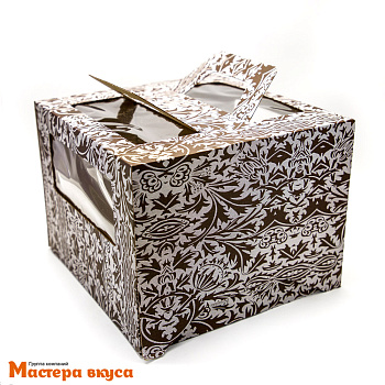 Короб для торта с окном и ручками 240*240*200 мм, шоколадный с узором, АП