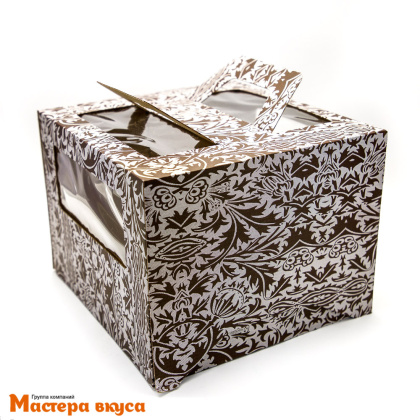 Короб для торта с окном и ручками 280*280*200 мм, шоколадный с узором, АП
