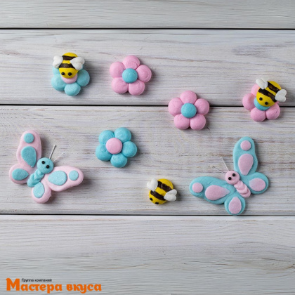 Сахарная фигурка (набор) ПЧЁЛКИ, БАБОЧКИ, ЦВЕТЫ, бабочки ~6,5*5см, цветы ~4*3см (набор 8 фигур)