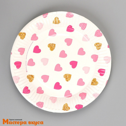 Тарелка бумажная ламинированная "Сердца", d-18 см, (упак 10 шт)