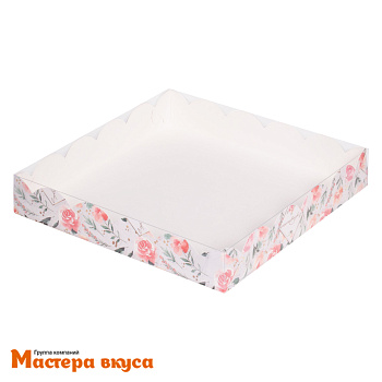 Упаковка для пряников и печенья с прозр. крышкой 200*200*35 мм  (С праздником/розы) (2-д)