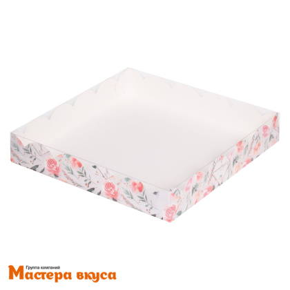 Упаковка для пряников и печенья с прозр. крышкой 200*200*35 мм  (С праздником/розы) (2-д)