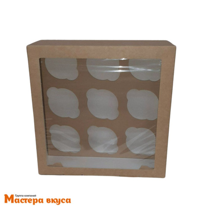 Коробка для  9 капкейков с окном, 250*250*100 мм (крафт), OSQ MUF