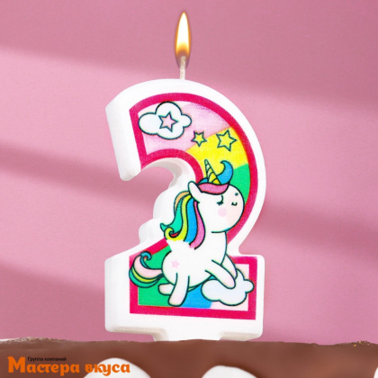 Свеча-цифра  ЕДИНОРОГ розовая - 2  (h-6,5 см)