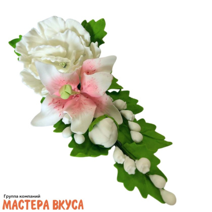 Сахарное украшение букет ПИОН БЕЛЫЙ С БЕЛОЙ ЛИЛИЕЙ, длина ~20см