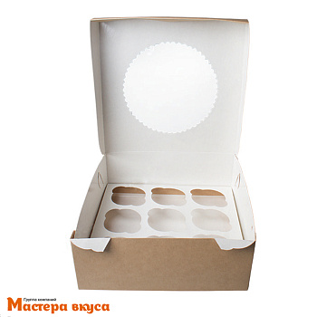 Коробка для  9 капкейков с окном, 250*250*100 мм (крафт), АП