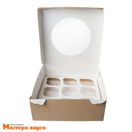 Коробка для  9 капкейков с окном, 250*250*100 мм (крафт), АП