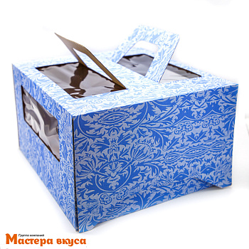 Короб для торта с окном и ручками 240*240*200 мм, синий с узором, АП