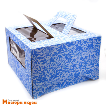 Короб для торта с окном и ручками 280*280*200 мм, синий с узором, АП