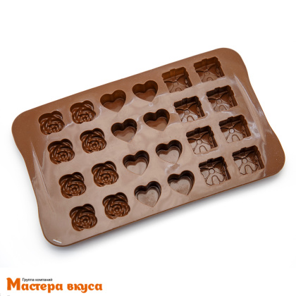 Форма для шоколада силиконовая  АССОРТИ (ПОДАРОК, СЕРДЦЕ, РОЗА), (24 ячейки) 23*13,8 см