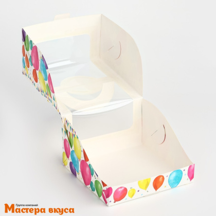Упаковка для бенто-торта с окном и ручками, 140*140*80 мм  (С днём рождения)