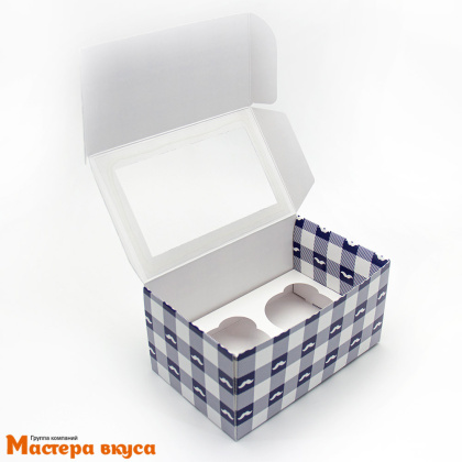 Коробка для  2 капкейков с окном, 160*80*100 мм (мужская Усы белая/синяя)
