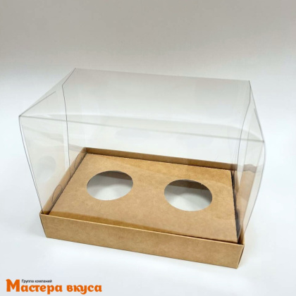 Коробка для  2 капкейков  ПРЕМИУМ с пластиковой крышкой, 160*100*120 мм, (крафт)