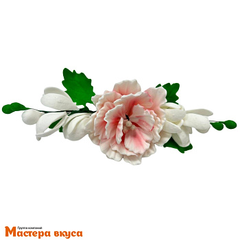 Сахарное украшение букет ПИОН БЕЛО-РОЗОВЫЙ С БЕЛОЙ ФРЕЗИЕЙ, длина ~20см