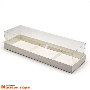 Коробка 3 ячейки для муссовых десертов с пластиковой крышкой, 260*85*60 мм (белая) (3-д)