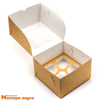 Коробка для  4 капкейков с окном, 160*160*100 мм, (крафт)